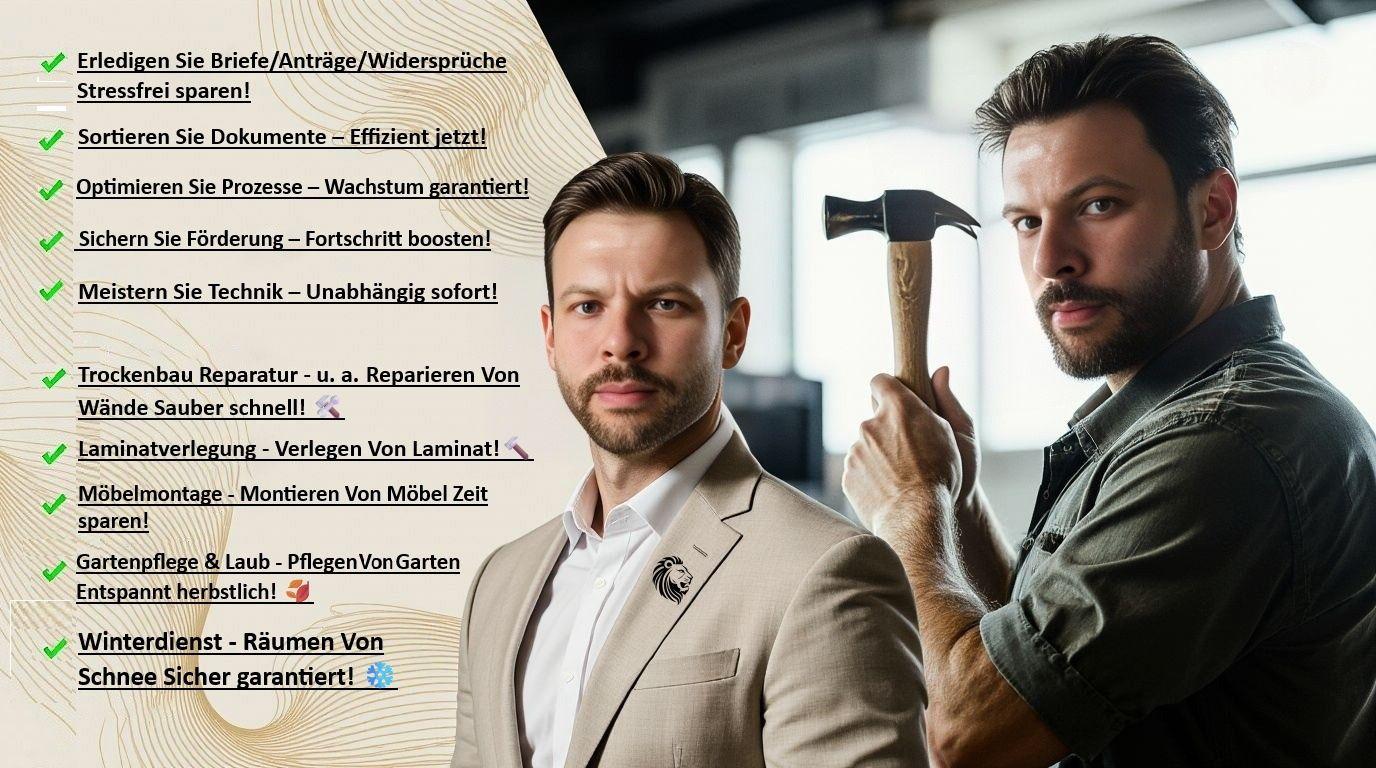 Dominanter Header von CONSIGLIERE LÖSUNGSSTUDIO: Zwei Männer (Anzug und Handwerker) starren in die Kamera, Büro und Werkstatt im Hintergrund, mit Logo, Slogan und Dienstleistungslisten für maximalen Erfolg in Pößneck.